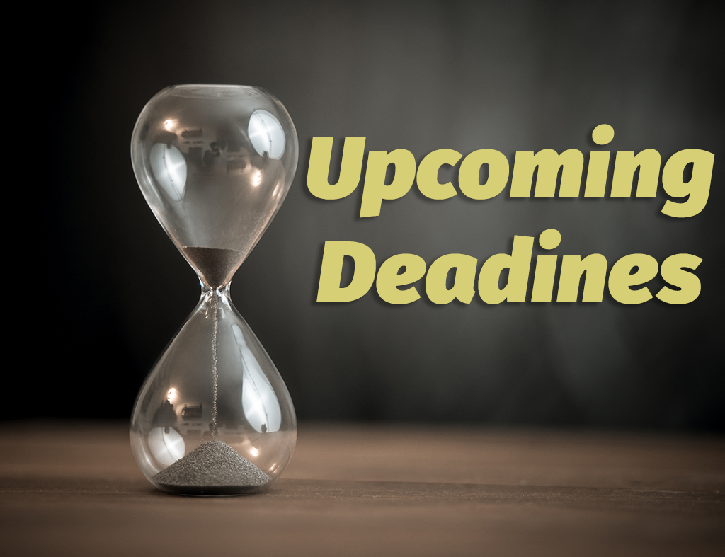 Image of an hourglass with the text "Upcoming Deadlines" in yellow